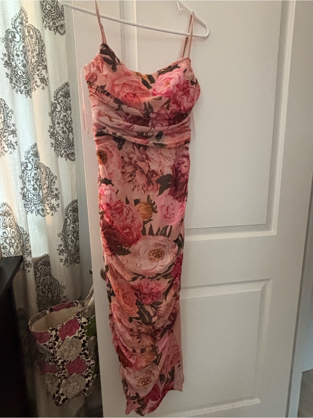 Express Pink Floral Ruched Cowl Neck Mini Dress